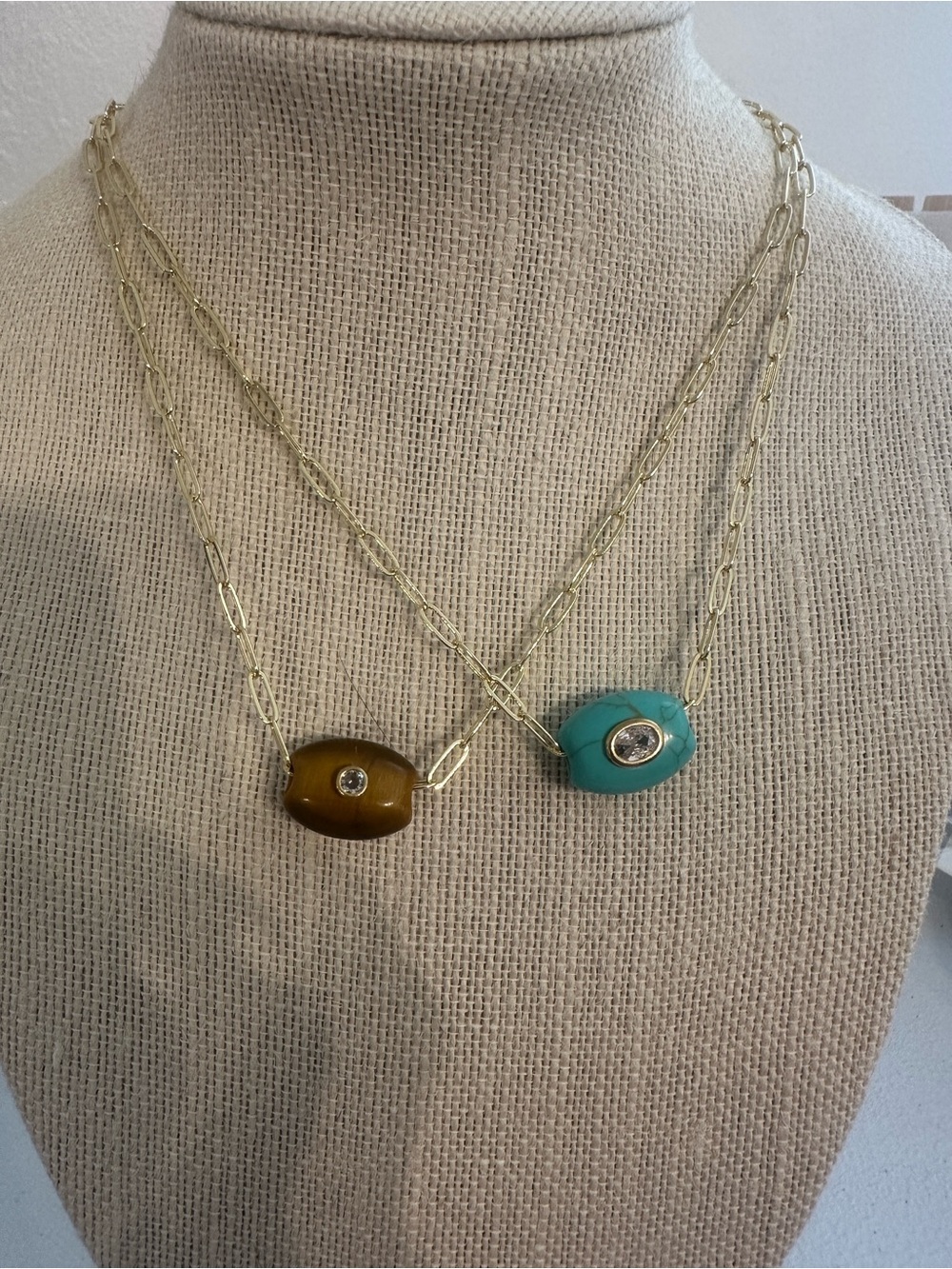 Gold Chain Necklace with Turquoise and Brown Bead Pendants